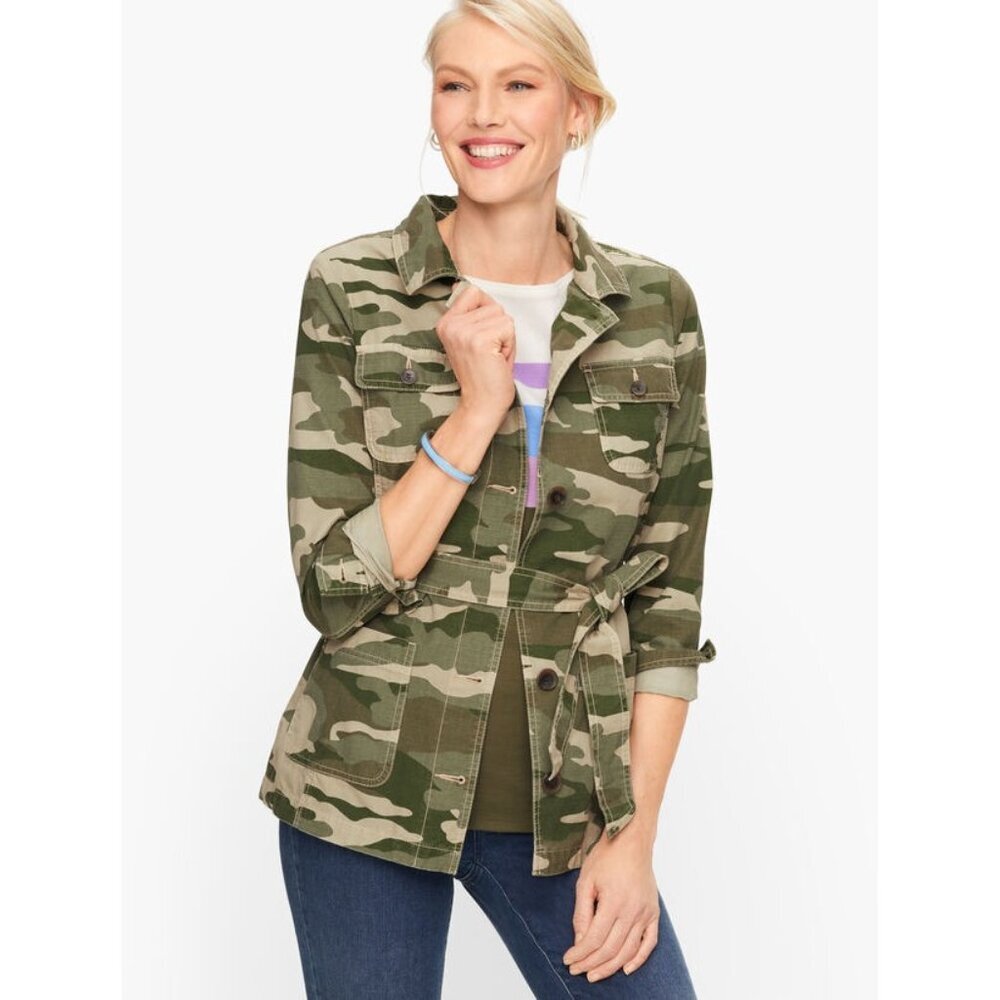 Talbots Womens Size Small Cotton Belted Camouflage Lightweight Jacket in Green